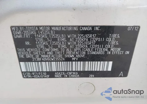 2012 Toyota Rav4 z USA, uszkodzony, nr VIN 2T3BF4DV6CW235524